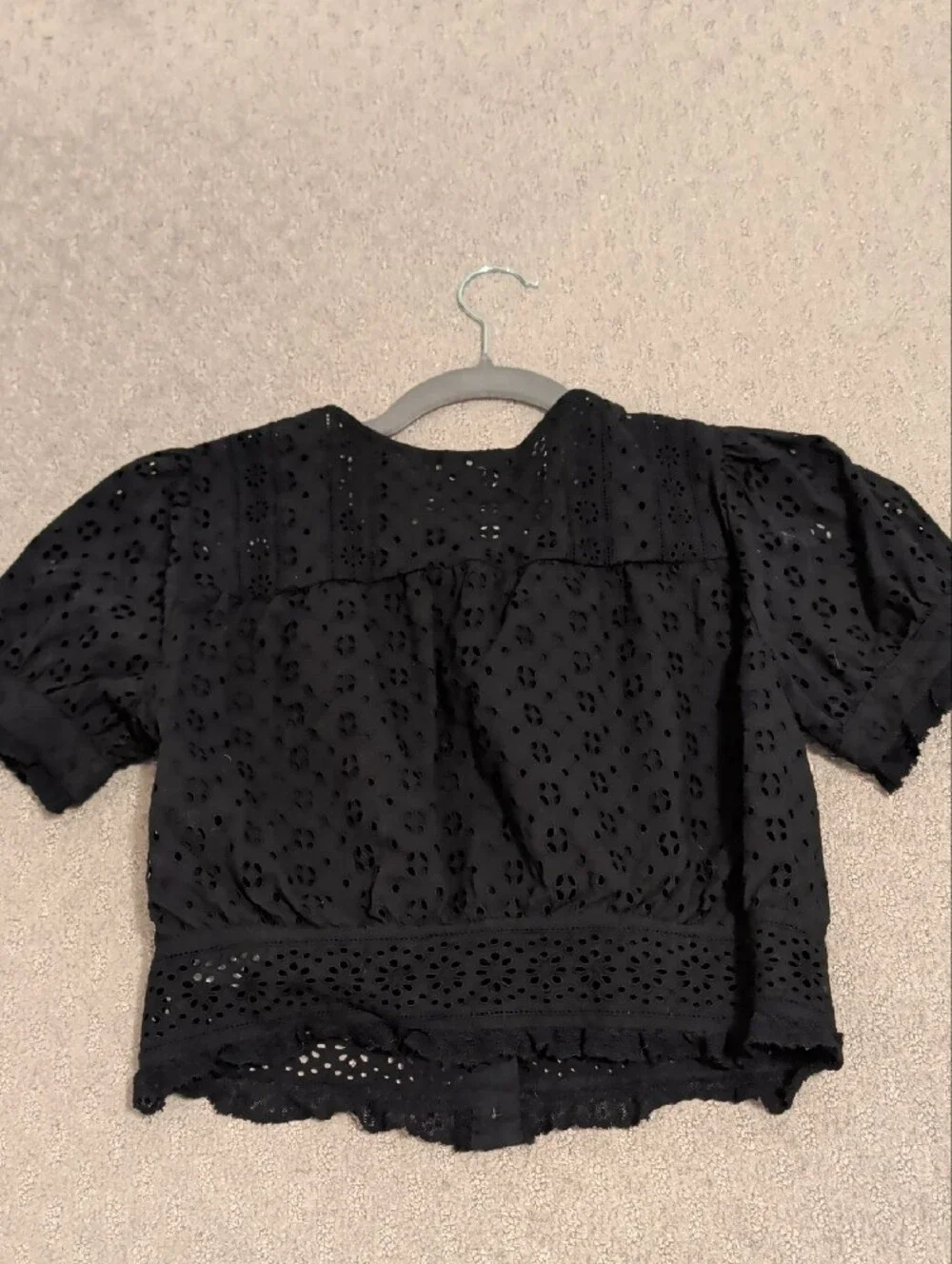 J. Crew Black Eyelet Puff-Sleeve Cropped Blouse